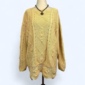 Vintage Butter Yellow Tunic Sweater L Floral Crochet Oversized Boho Soft Girl